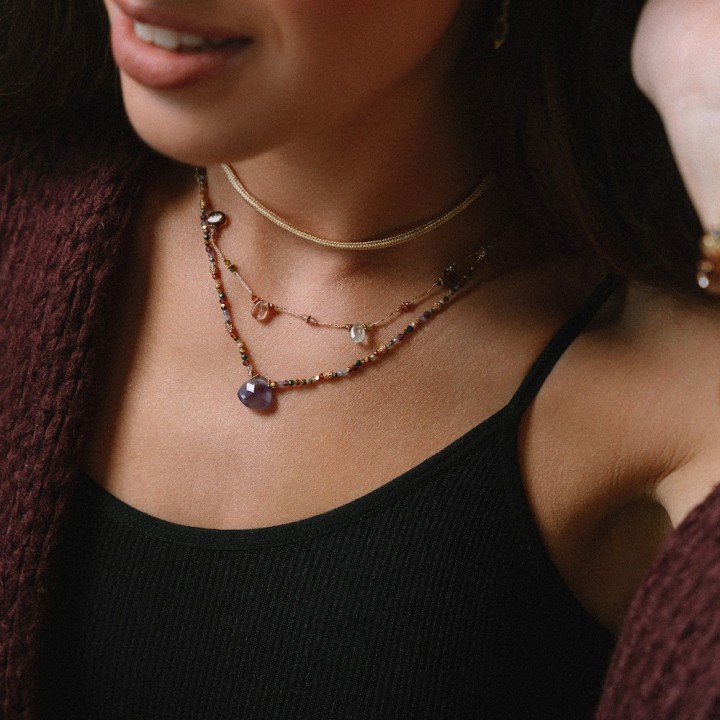 Collier Cylindre Cœur & Jaspe Iris Acier Doré Brin de Cuivre
