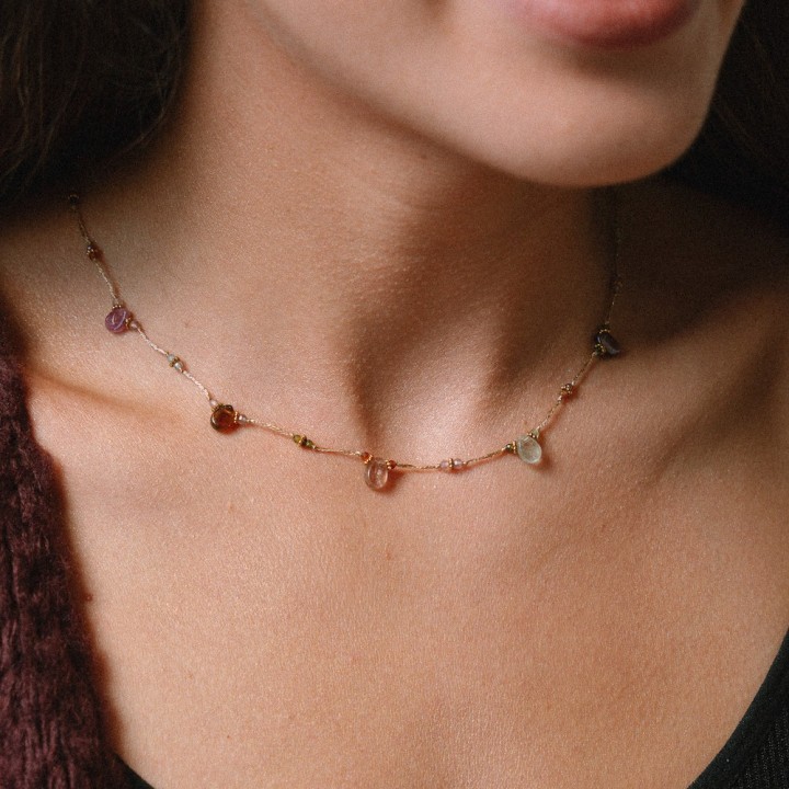 Collier Cylindre Cœur & Jaspe Iris Acier Doré Brin de Cuivre