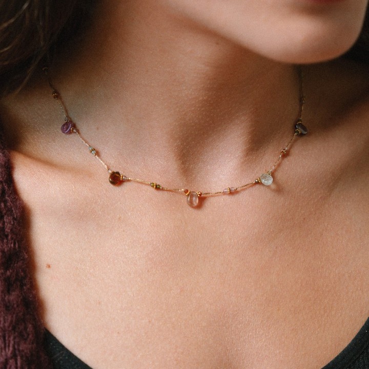 Collier Tourmaline Multicolore Adélaïde & Acier Doré Brin de Cuivre