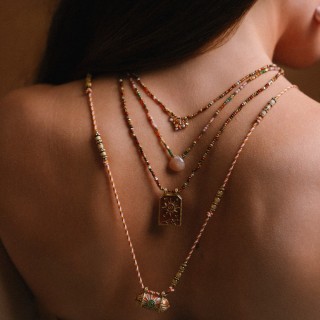 Collier Cylindre Cœur & Jaspe Iris Acier Doré Brin de Cuivre