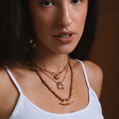 Collier Cylindre Cœur & Jaspe Iris Acier Doré Brin de Cuivre