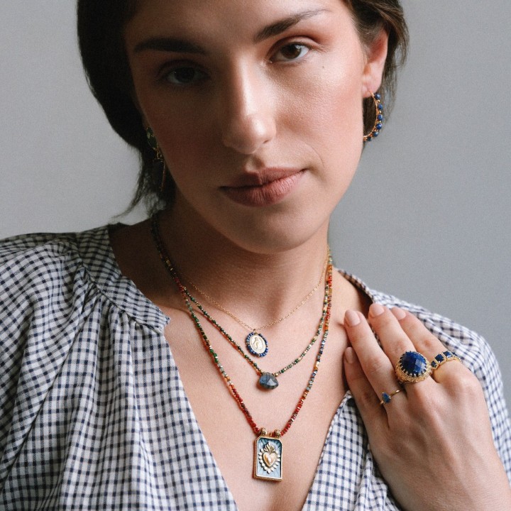 Collier Cylindre Cœur & Jaspe Iris Acier Doré Brin de Cuivre