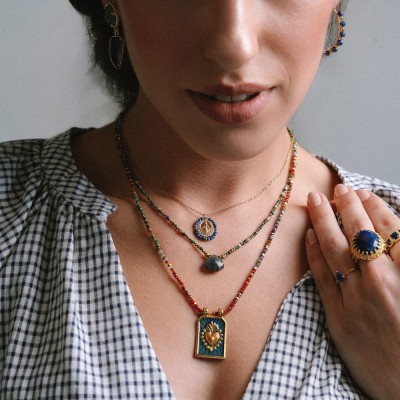 Collier Cylindre Cœur & Jaspe Iris Acier Doré Brin de Cuivre