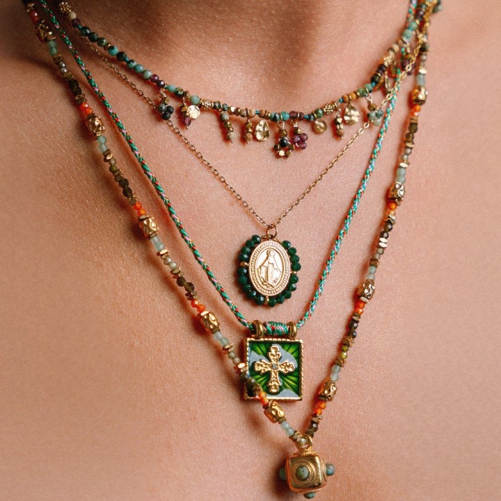 Collier Médaille & Agate Verte Flavie Acier Doré Brin de Cuivre