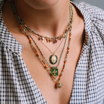 Collier Médaille & Agate Verte Flavie Acier Doré Brin de Cuivre