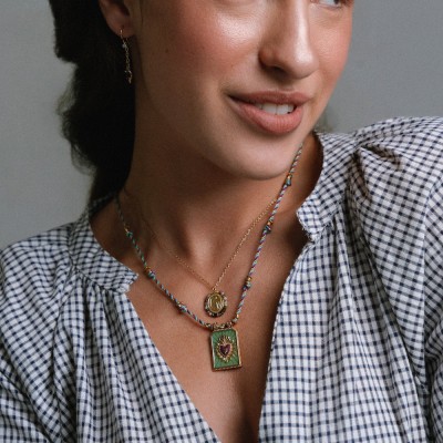 Collier Médaille & Agate Verte Flavie Acier Doré Brin de Cuivre