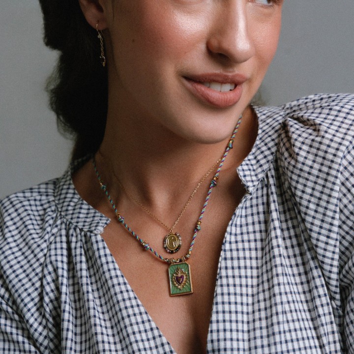 Collier Médaille & Agate Verte Flavie Acier Doré Brin de Cuivre