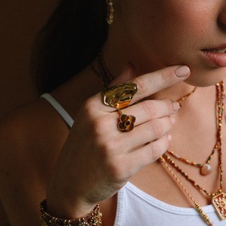 Bague Trèfle Eugénie Œil de Tigre & Laiton Doré | Brin de Cuivre