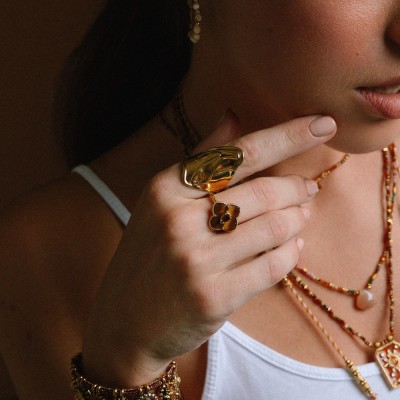 Bague Trèfle Eugénie Œil de Tigre & Laiton Doré | Brin de Cuivre