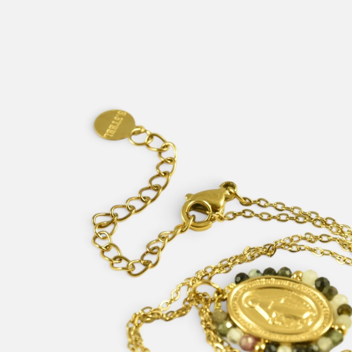 Collier Médaille & Agate Verte Flavie Acier Doré Brin de Cuivre