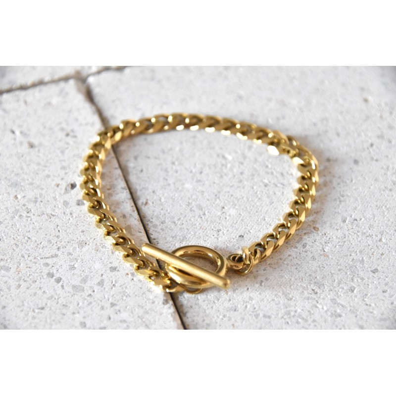 BRACELET GROSSE MAILLE PLATE ACIER INOXYDABLE GOLD PETIT PRIX