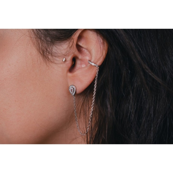 BOUCLE DOUBLE STRASS CHAINETTE ACIER INOXYDABLE SILVER PETIT PRIX