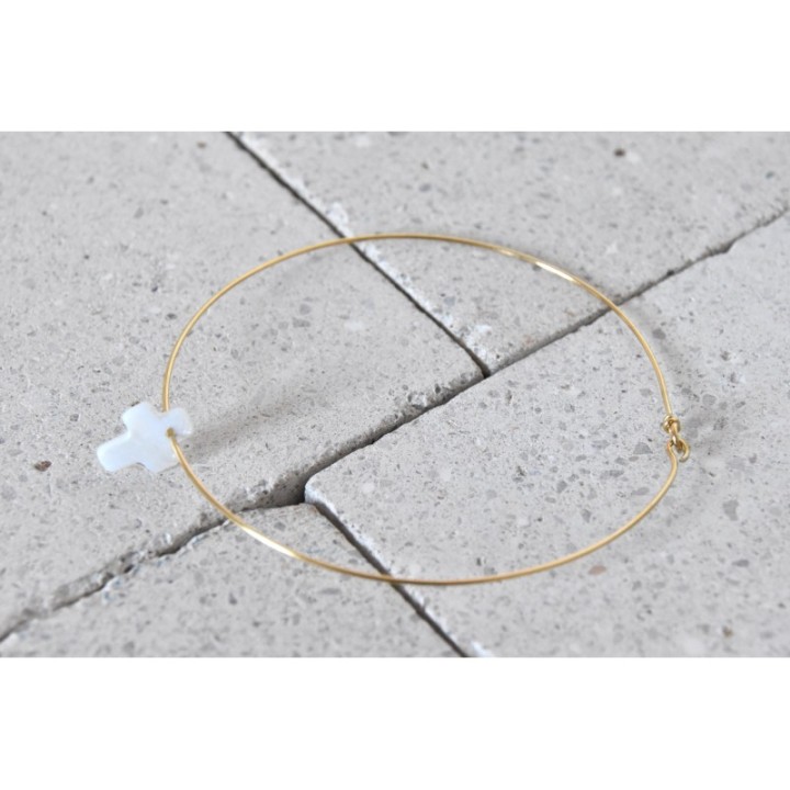 JONC FIN CROIX NACRE ACIER INOXYDABLE GOLD PETIT PRIX