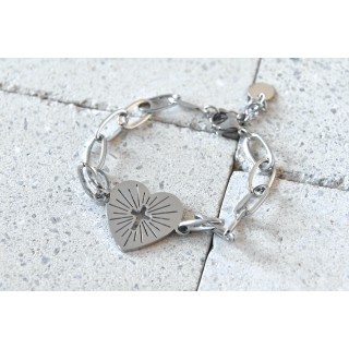 BRACELET GROSSE MAILLE COEUR SACRE ACIER INOXYDABLE SILVER PETIT PRIX