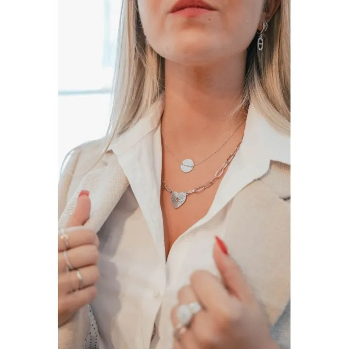 COLLIER GROSSE MAILLE COEUR SACRE ACIER INOXYDABLE SILVER PETIT PRIX